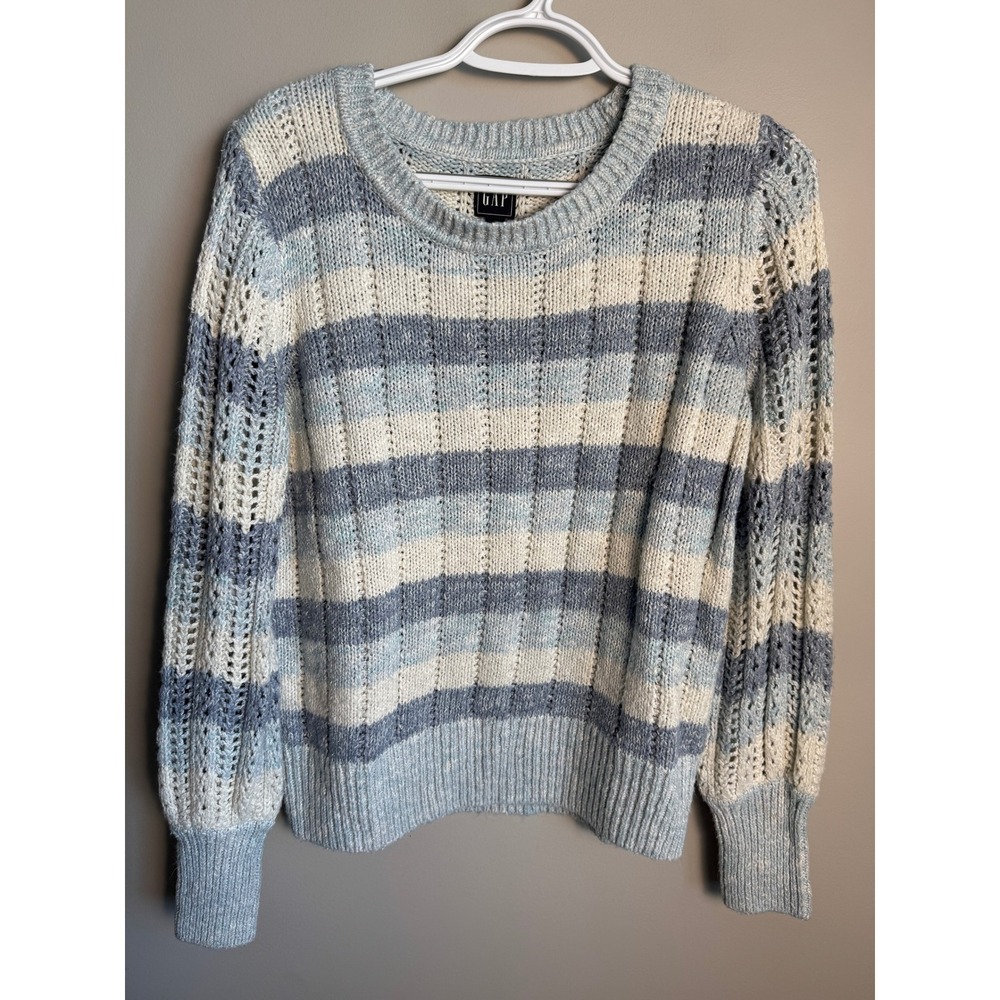 GAP Mixed Pointelle Striped Knit Crewneck Sweater L Blue White Coastal Preppy